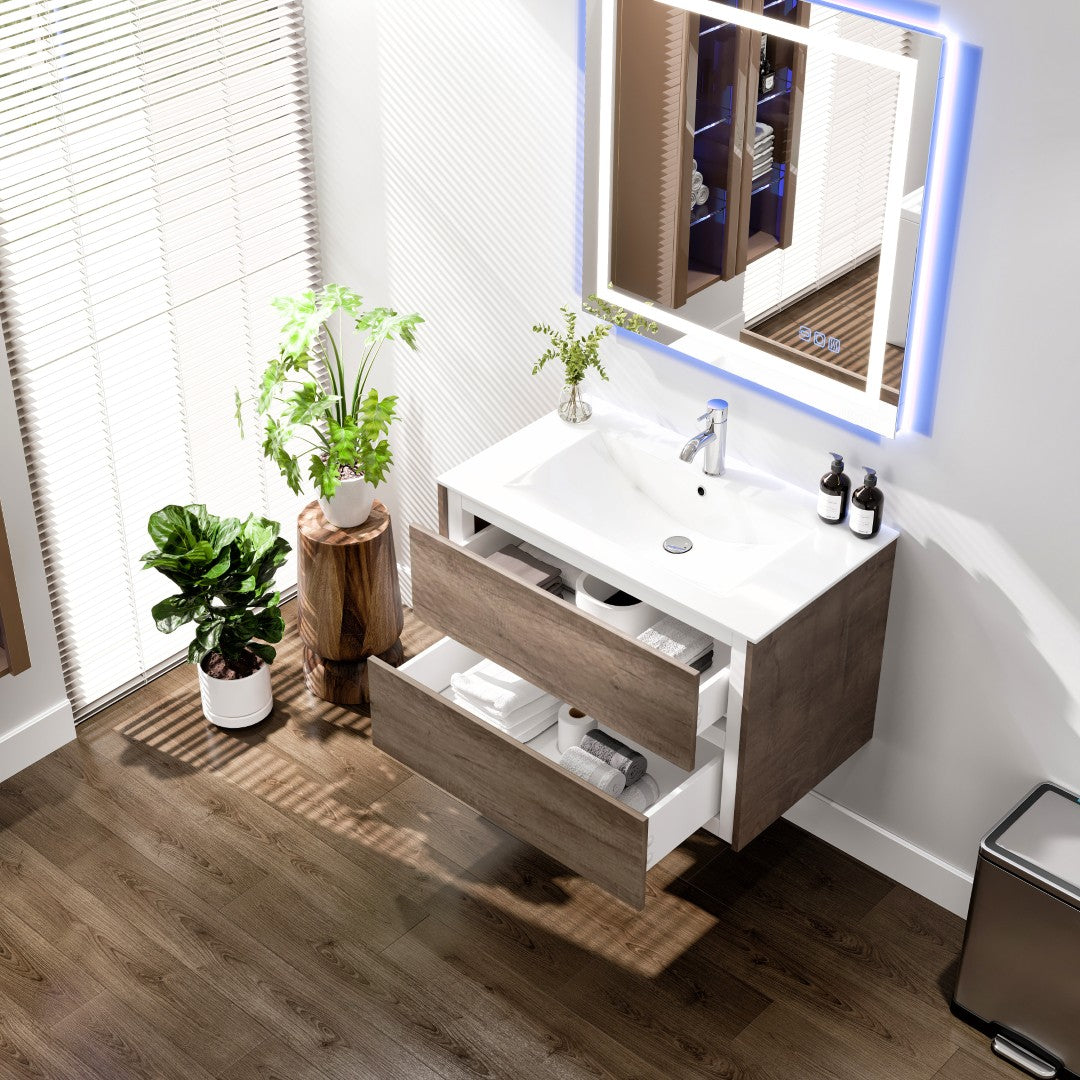 Luna 32 in. Gray Oak Wall Mount Single Sink Bath Vanity with Porcelain Top and Integrated Sink