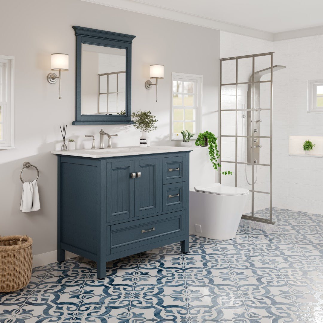 Britney 36 in. Ash Blue Single Sink Bath Vanity with Carrara Quartz Top and Undermount Porcelain Sink - Bathroom Vanity by Eviva