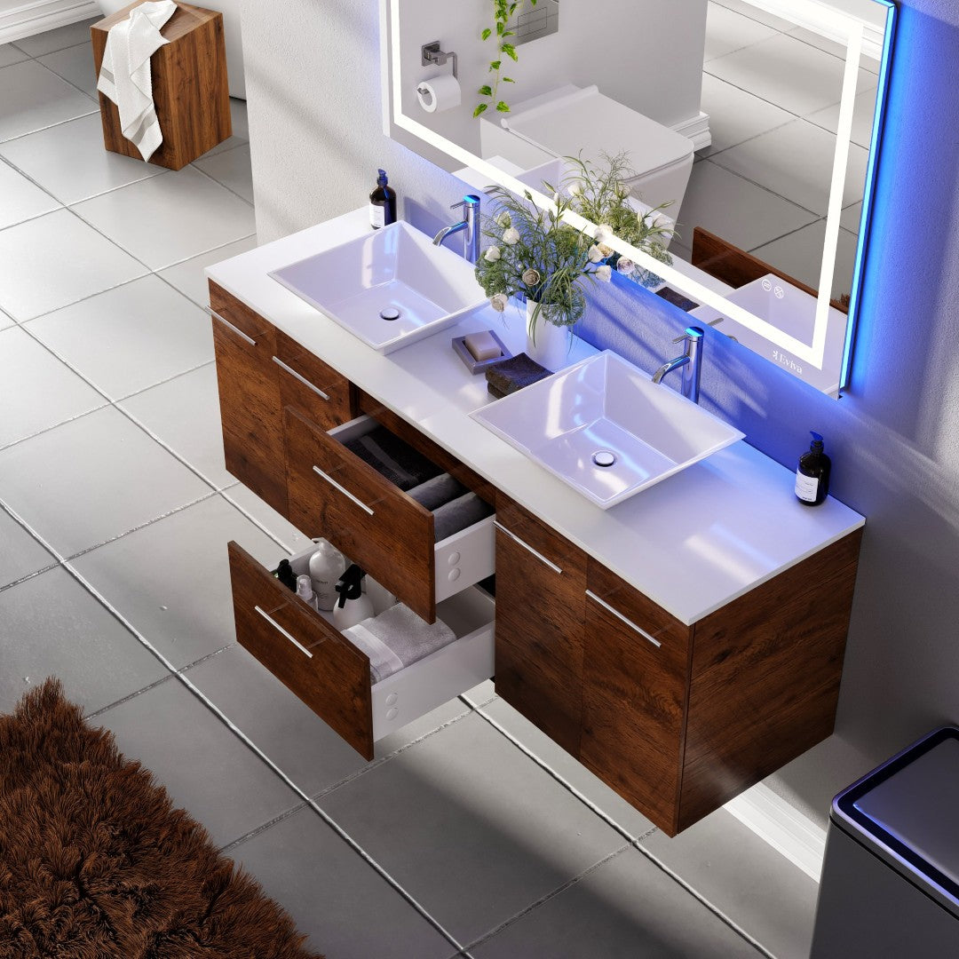 Lux 60 in. Rosewood Wall Mount Double Sink Bath Vanity with White Quartz Top and Vessel Porcelain Sinks