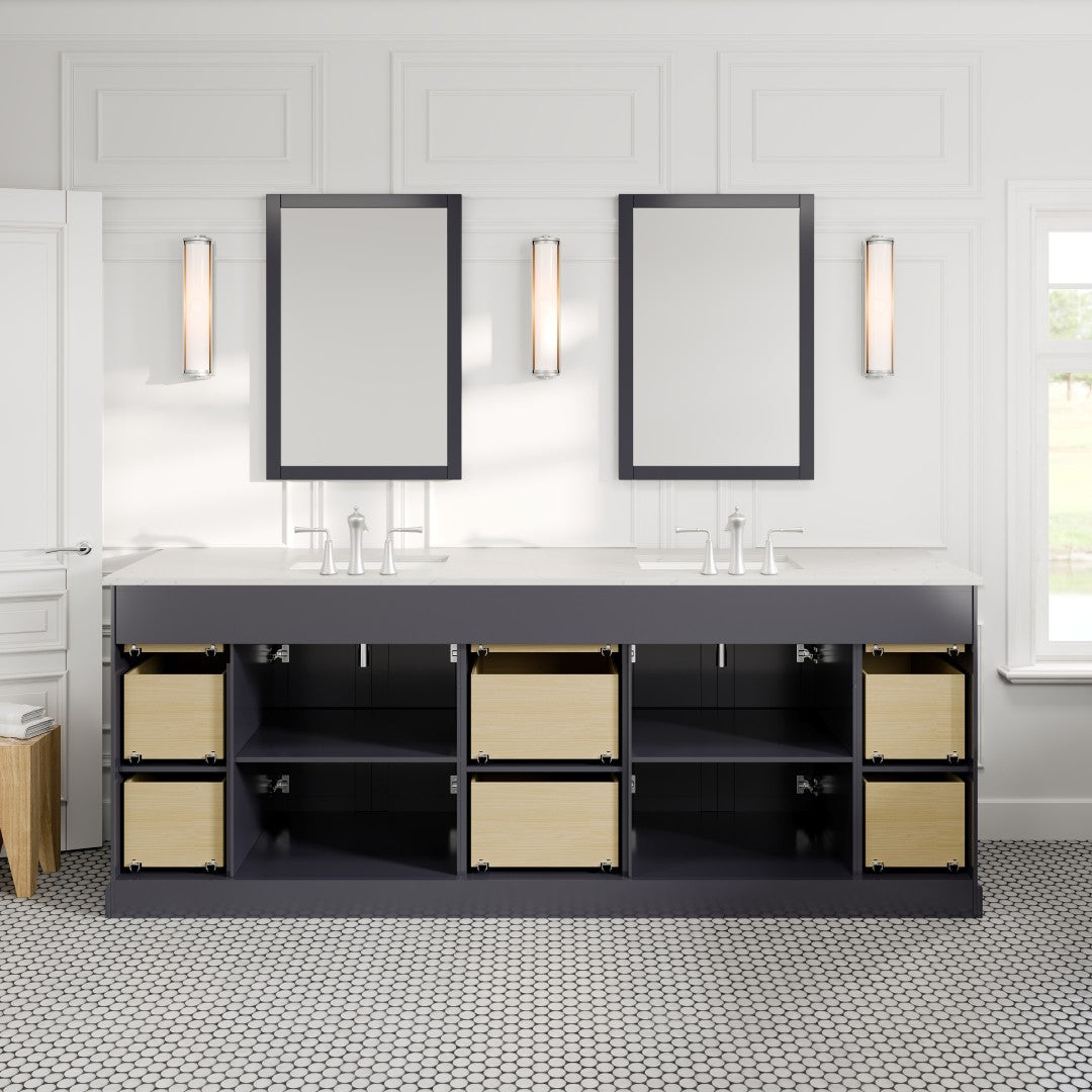 Epic 96 in. Charcoal Gray Double Sink Bath Vanity with Carrara Quartz Top and Undermount Porcelain Sinks