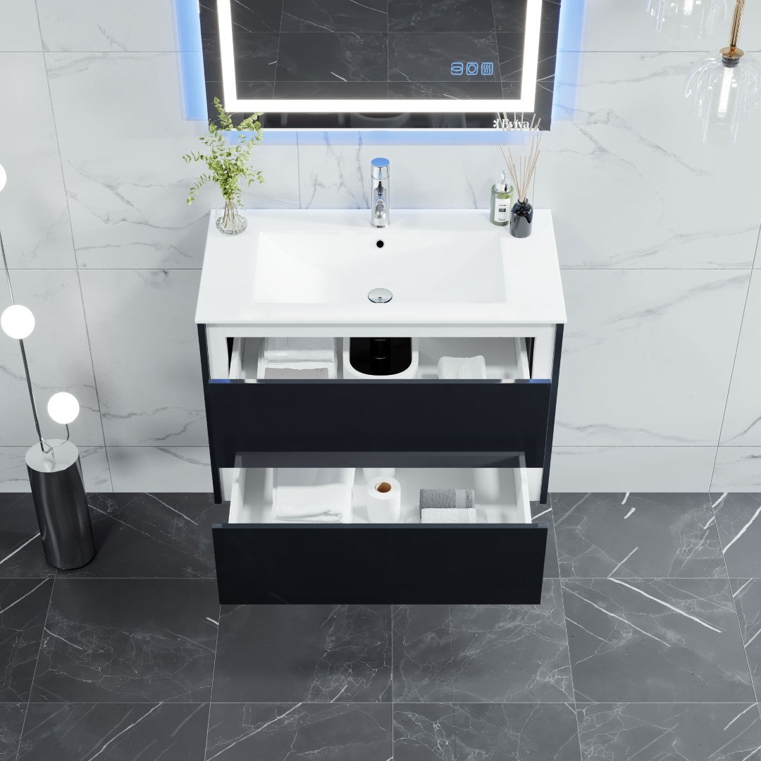 Luna 32 in. Dark Gray Wall Mount Single Sink Bath Vanity with Porcelain Top and Integrated Sink