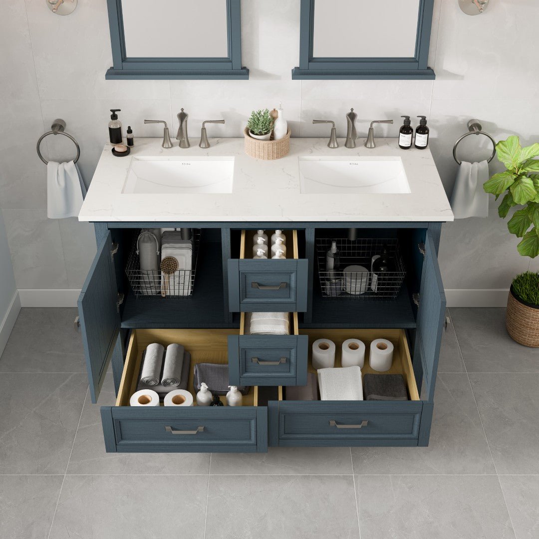 Britney 48 in. Ash Blue Double Sink Bath Vanity with Carrara Quartz Top and Undermount Porcelain Sinks - Bathroom Vanity by Eviva