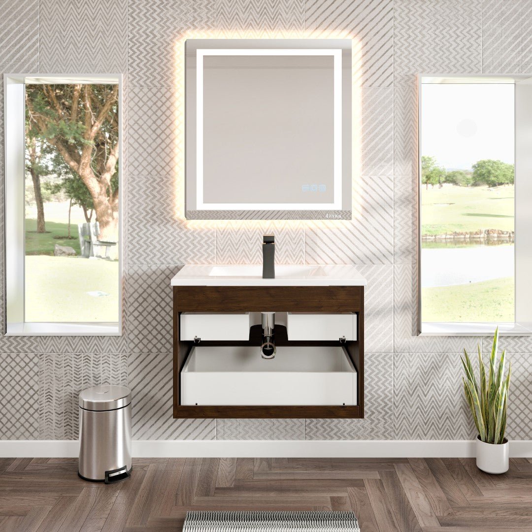 Joy 32 in. Rosewood Wall Mount Single Sink Bath Vanity with Porcelain Top and Integrated Sink - Bathroom Vanity by Eviva