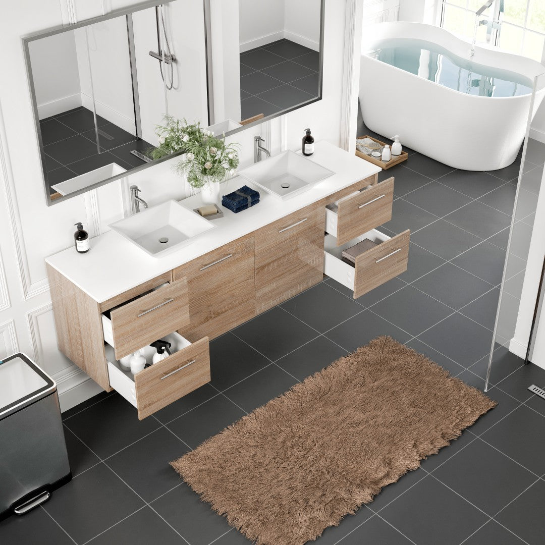 Luxy 72 in. White Oak Wall Mount Double Sink Bath Vanity with White Quartz Top and Vessel Porcelain Sinks