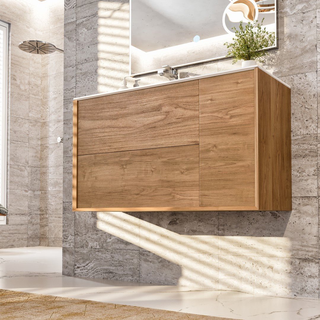 Prancer 44 in. Natural Oak Wall Mount Single Sink Bath Vanity with Solid Surface Top and Integrated Sink - Bathroom Vanity by Eviva