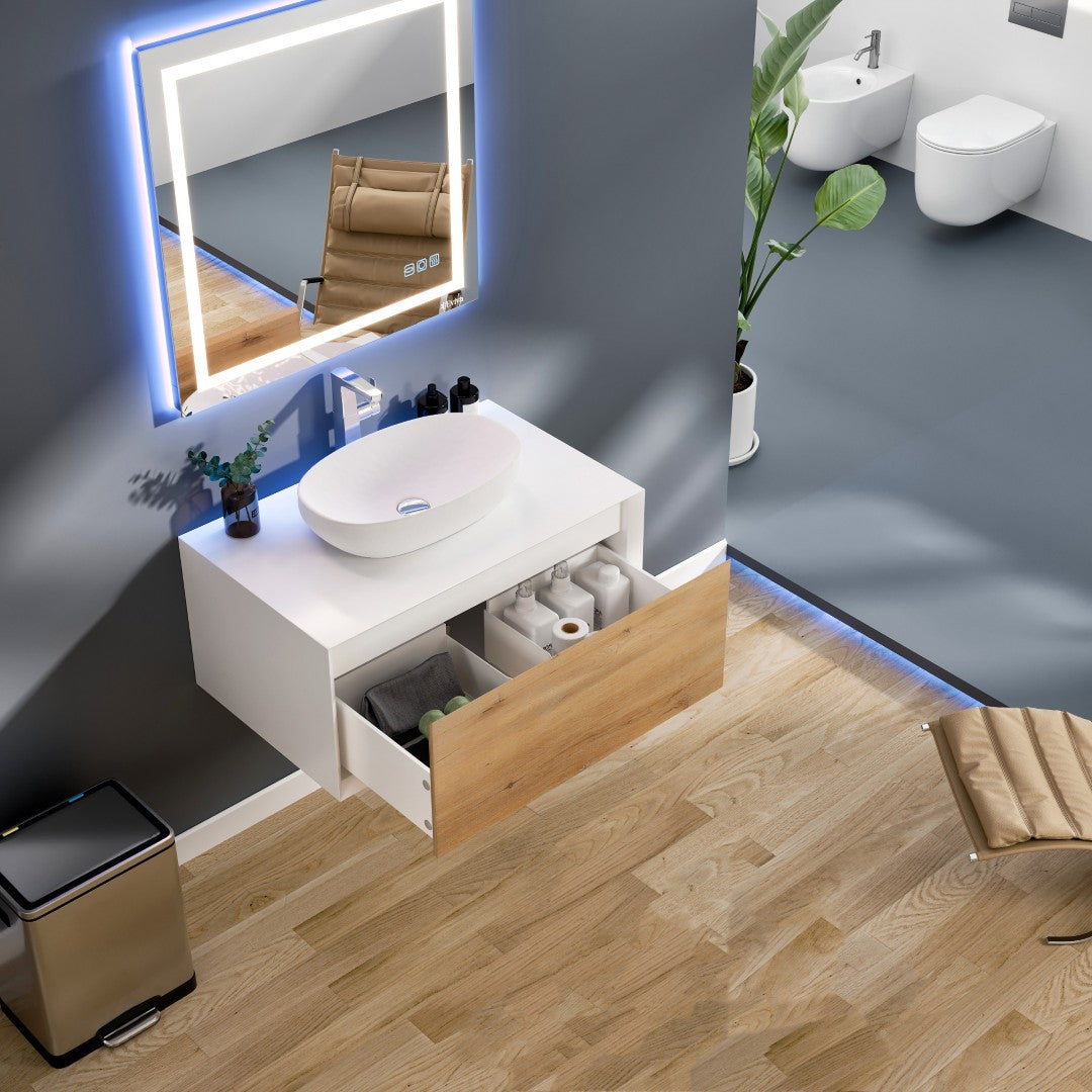 Santa Monica 36 in. White Oak Wall Mount Single Sink Bath Vanity with Acrylic Top and Vessel Solid Surface Sink