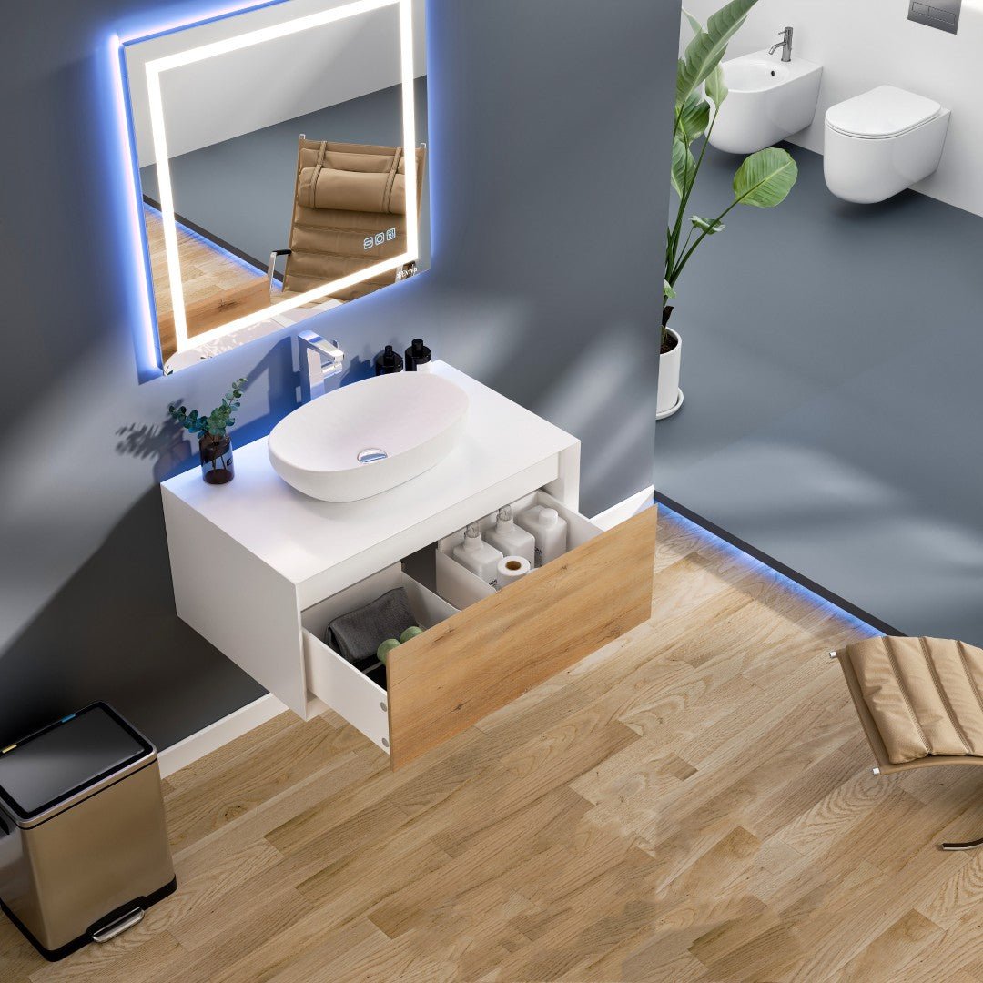 Santa Monica 36 in. White Oak Wall Mount Single Sink Bath Vanity with Acrylic Top and Vessel Solid Surface Sink - Bathroom Vanity by Eviva