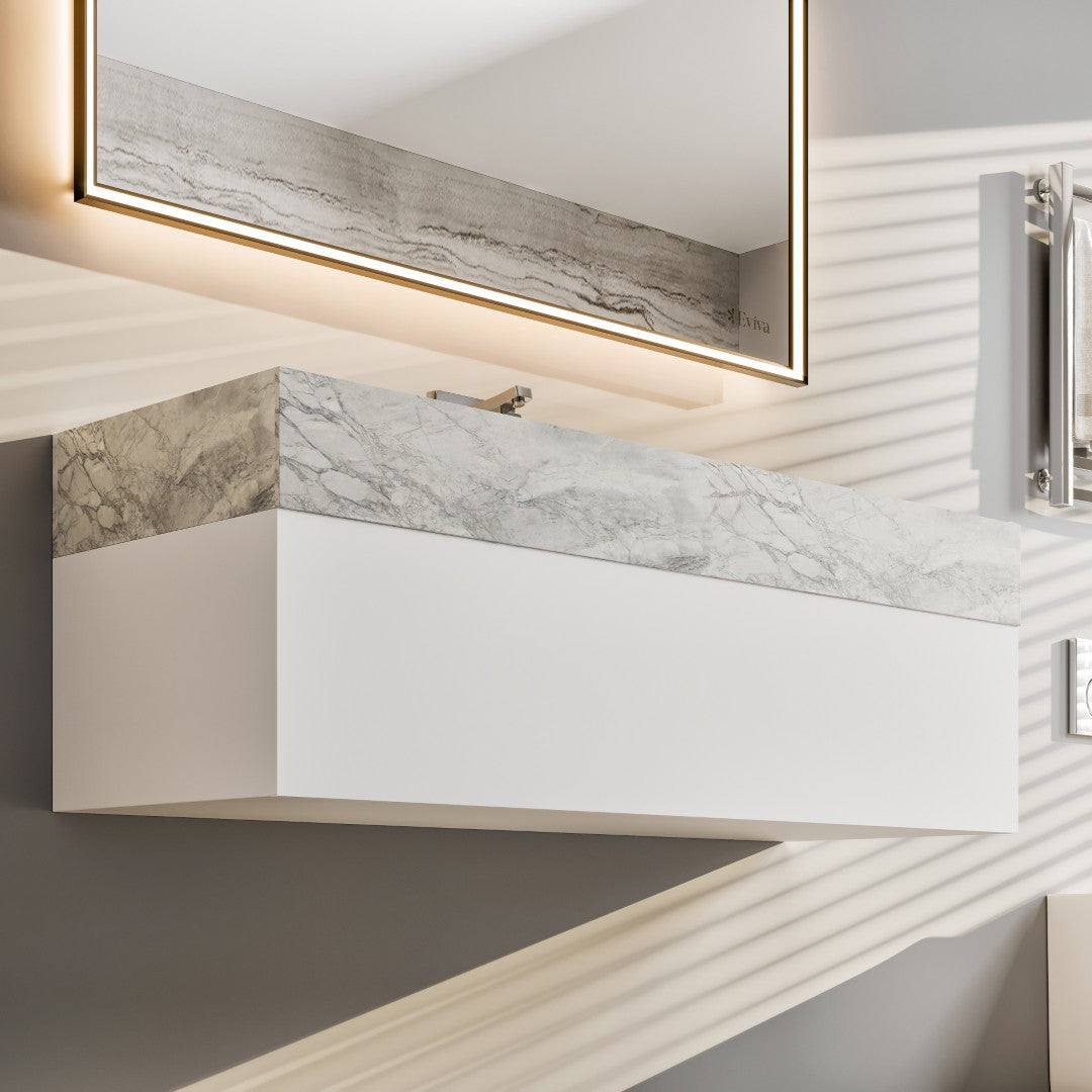 Fritti 36 in. White Wall Mount Single Sink Bath Vanity with Carrara Marble Top and Integrated Sink