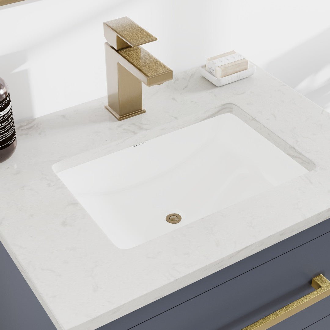 Curio 24 in. Dark Blue Single Sink Bath Vanity with Carrara Quartz Top and Undermount Porcelain Sink - Bathroom Vanity by Eviva