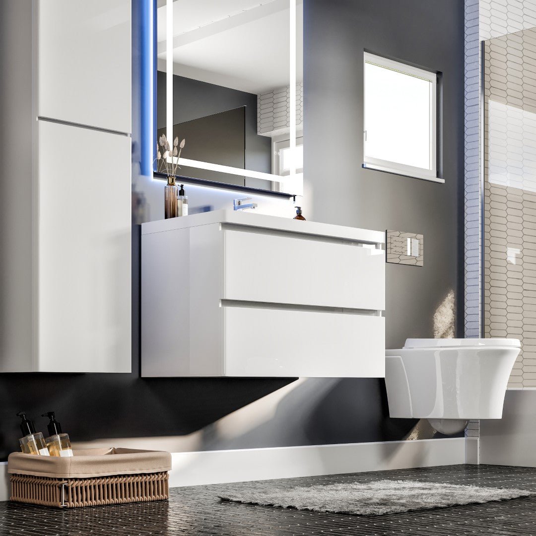 Glazzy 36 in. White Wall Mount Single Sink Bath Vanity with Acrylic Top and Integrated Sink - Bathroom Vanity by Eviva