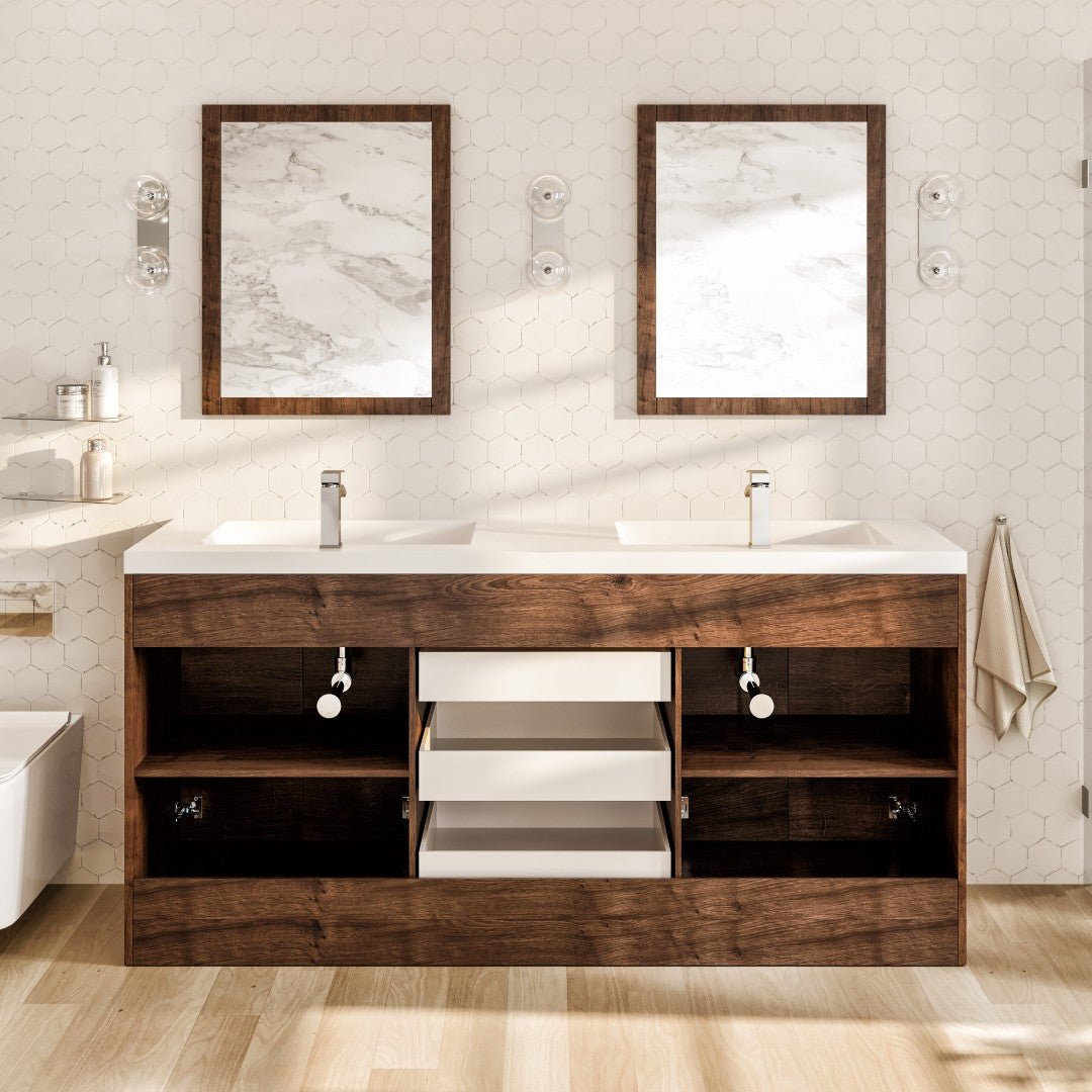 Lugano 72 in. Rosewood Double Sink Freestanding Bath Vanity with Acrylic Top and Integrated Sinks - Bathroom Vanity by Eviva