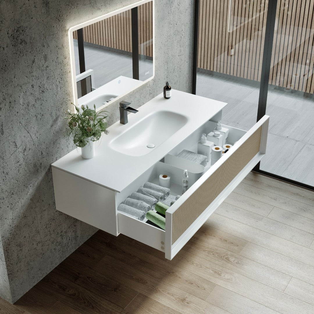 Nets 44 in. Natural Oak/White Wall Mount Single Sink Bath Vanity with Solid Surface Top and Integrated Sink