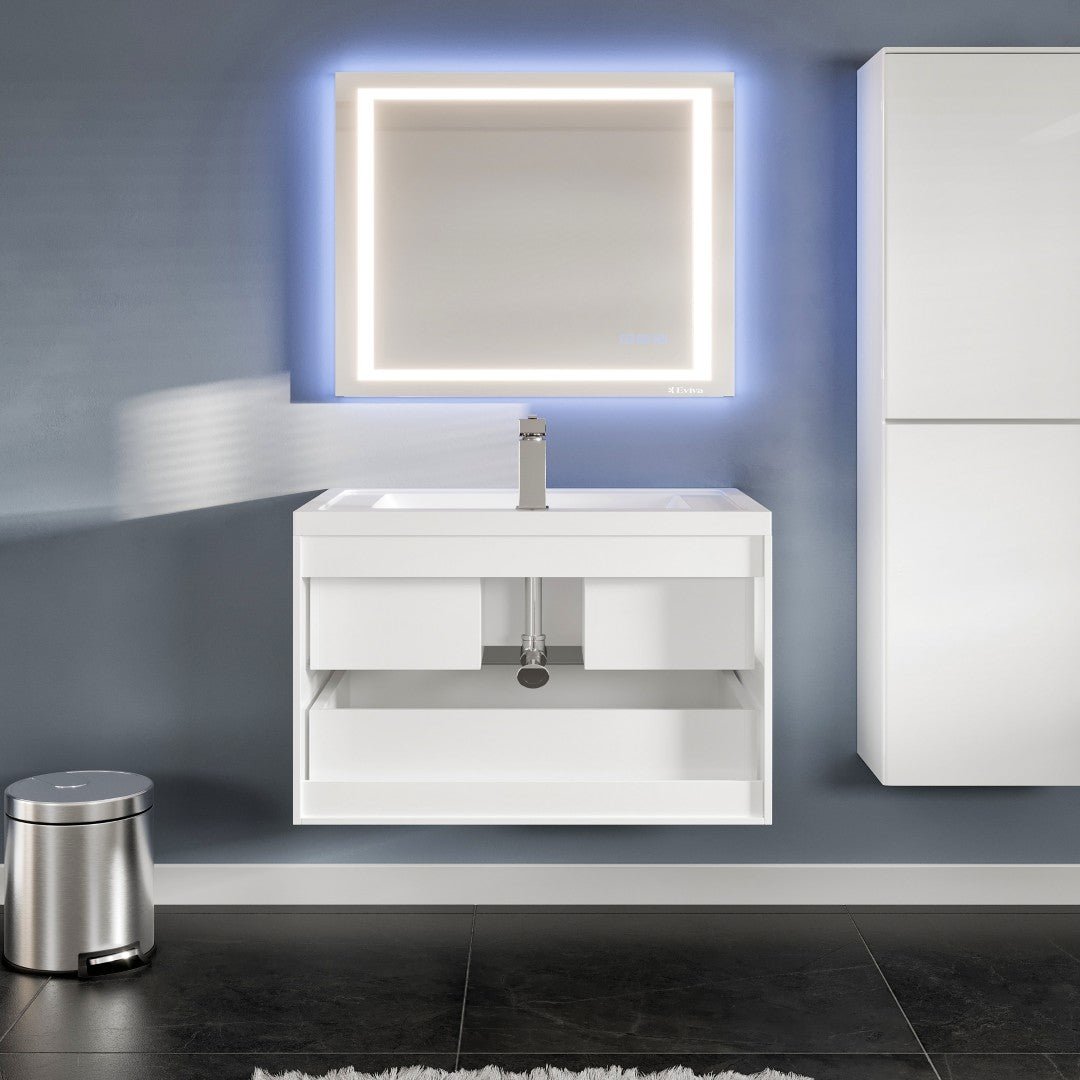 Flair 32 in. White Wall Mount Single Sink Bath Vanity with Acrylic Top and Integrated Sink - Bathroom Vanity by Eviva