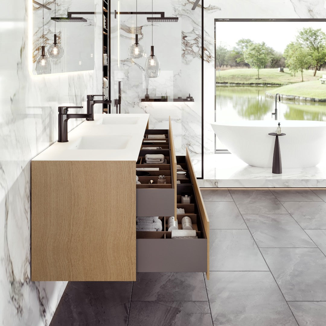 Lotus 71 in. Natural Oak Wall Mount Double Sink Bath Vanity with Solid Surface Top and Integrated Sinks