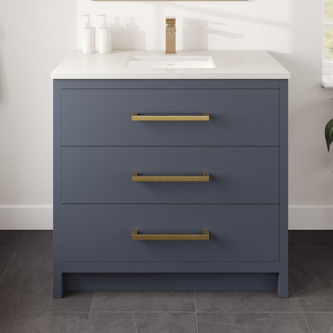 Curio 36 in. Dark Blue Single Sink Bath Vanity with Carrara Quartz Top and Undermount Porcelain Sink - Bathroom Vanity by Eviva