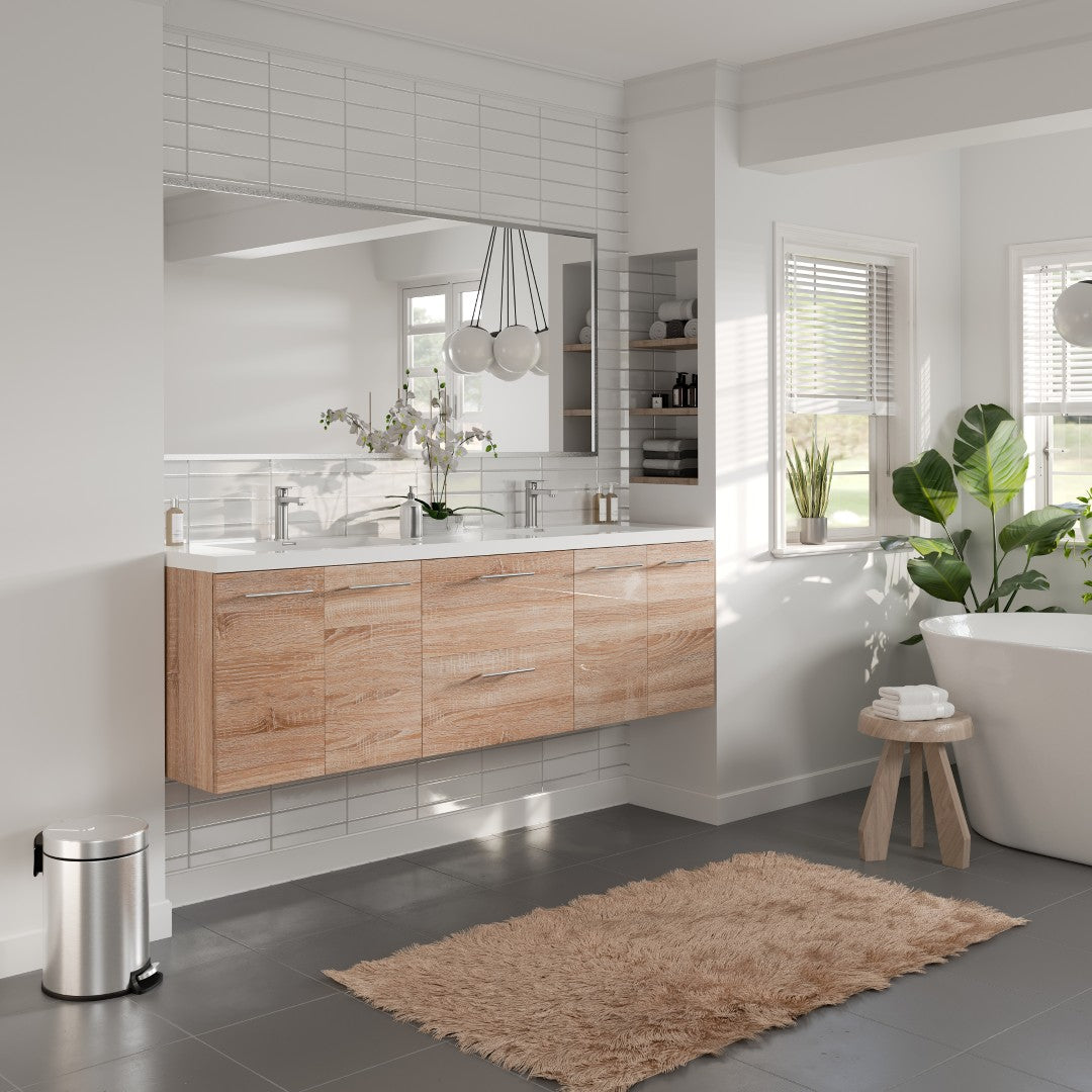 Axis 72 in. White Oak Wall Mount Double Sink Bath Vanity with Acrylic Top and Integrated Sinks