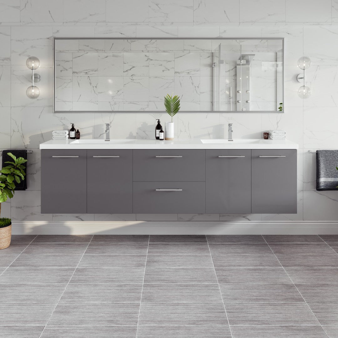 Lumina 84 in. Gray Wall Mount Double Sink Bath Vanity with Acrylic Top and Integrated Sinks