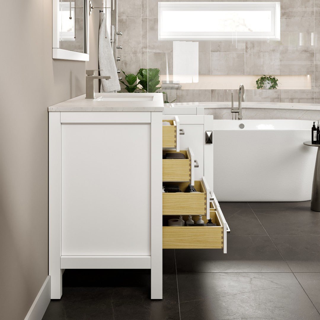 London 54 in. White Single Sink Bath Vanity with Carrara Quartz Top and Undermount Porcelain Sink - Bathroom Vanity by Eviva