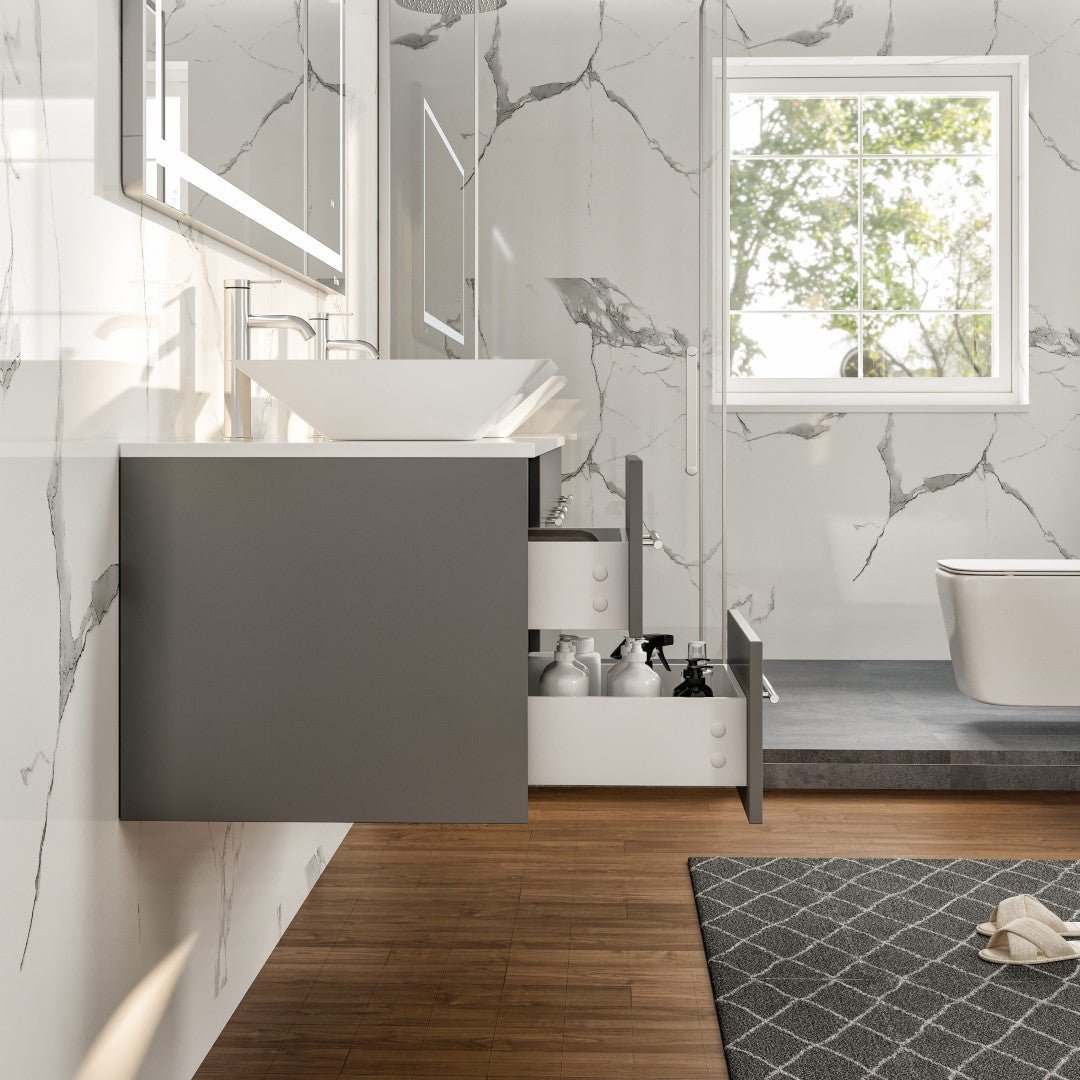 Wave 60 in. Gray Wall Mount Double Sink Bath Vanity with White Quartz Top and Vessel Porcelain Sinks - Bathroom Vanity by Eviva