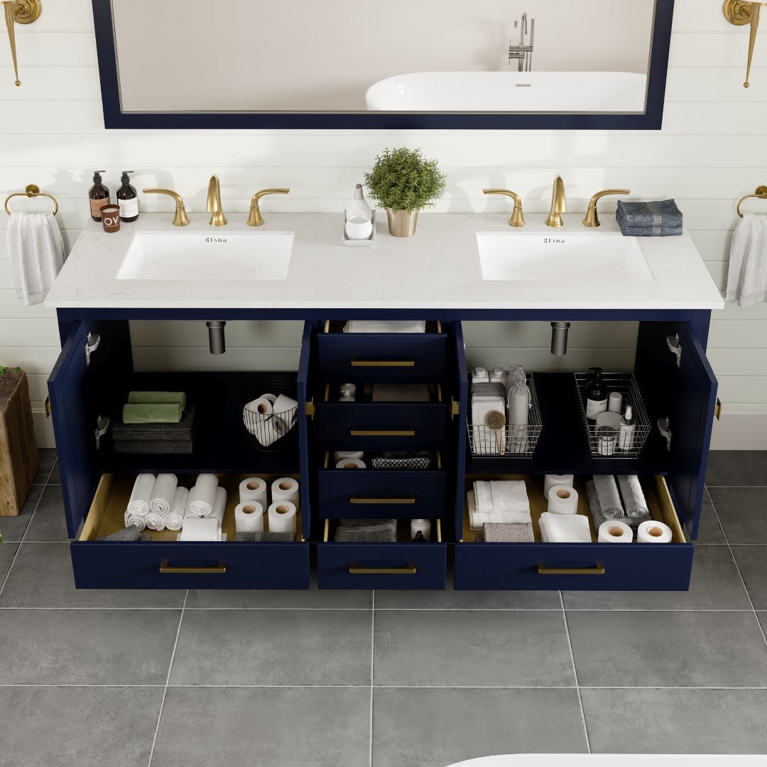 Aberdeen 72 in. Blue Double Sink Bath Vanity with Carrara Quartz Top and Undermount Porcelain Sinks - Bathroom Vanity by Eviva