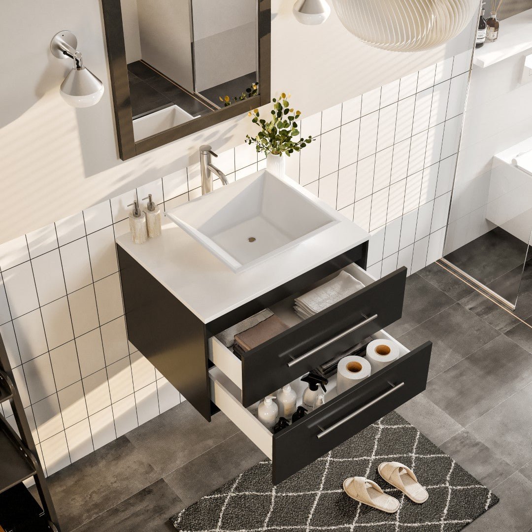 Wave 24 in. Espresso Wall Mount Single Sink Bath Vanity with White Quartz Top and Vessel Porcelain Sink - Bathroom Vanity by Eviva