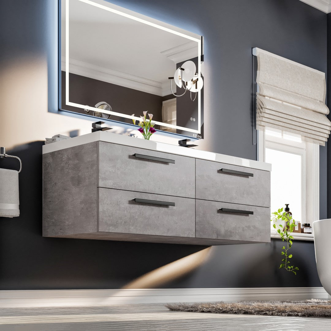 Surf 57 in. Concrete Gray Wall Mount Double Sink Bath Vanity with Acrylic Top and Integrated Sinks