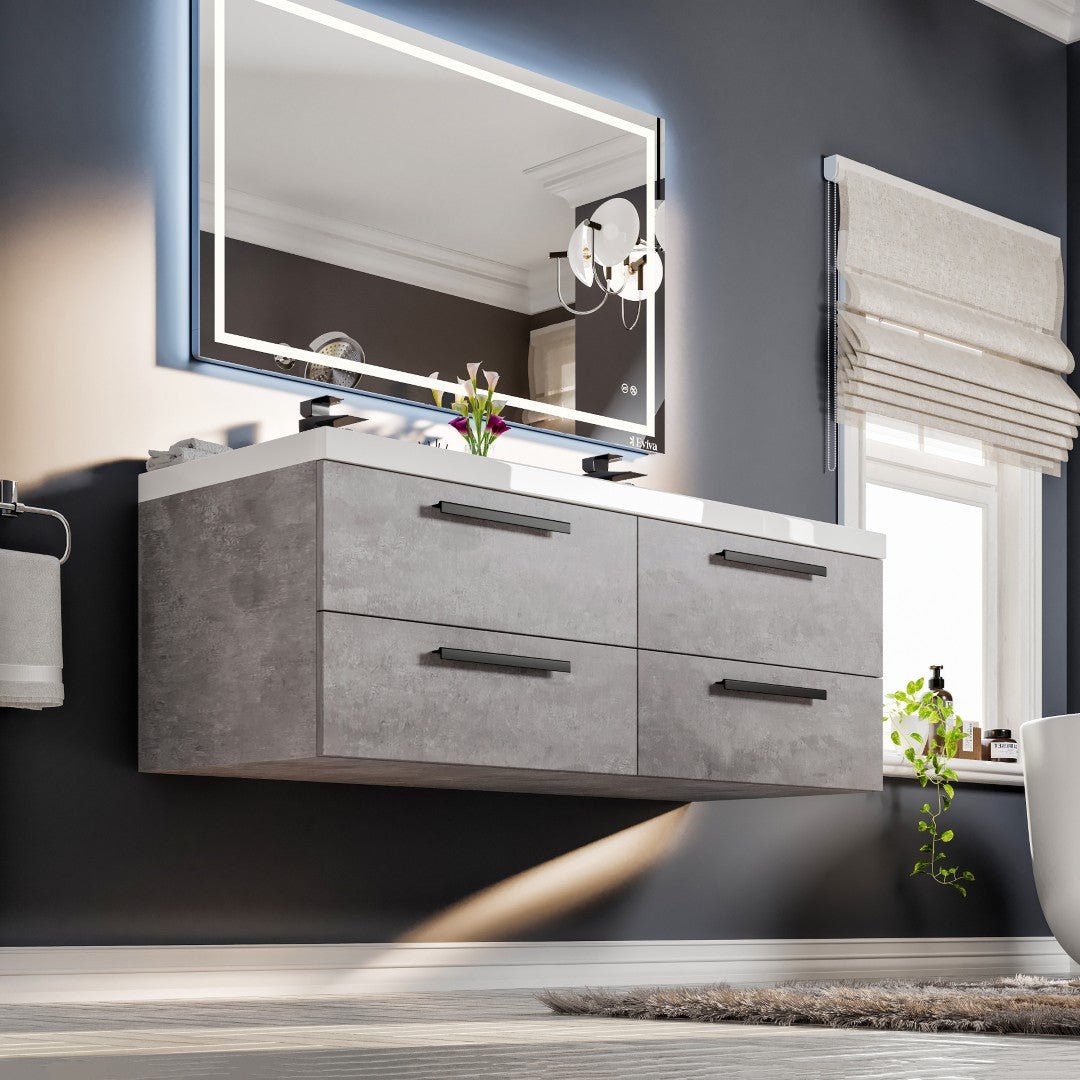 Surf 57 in. Concrete Gray Wall Mount Double Sink Bath Vanity with Acrylic Top and Integrated Sinks - Bathroom Vanity by Eviva