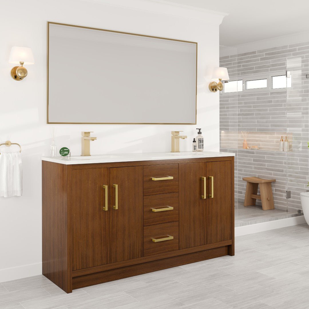 Curio 60 in. Walnut Double Sink Bath Vanity with Carrara Quartz Top and Undermount Porcelain Sinks - Bathroom Vanity by Eviva