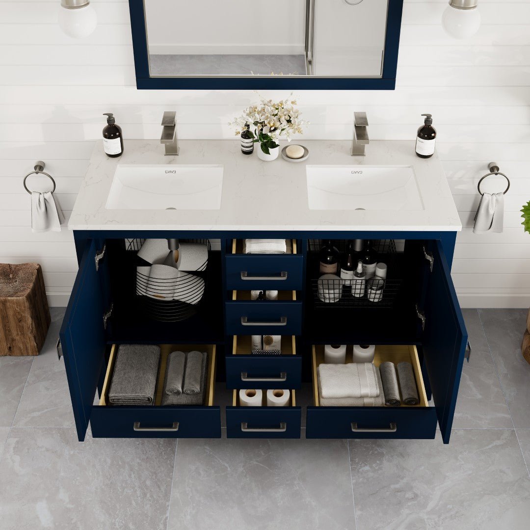 London 48 in. Blue Double Sink Bath Vanity with Carrara Quartz Top and Undermount Porcelain Sinks - Bathroom Vanity by Eviva
