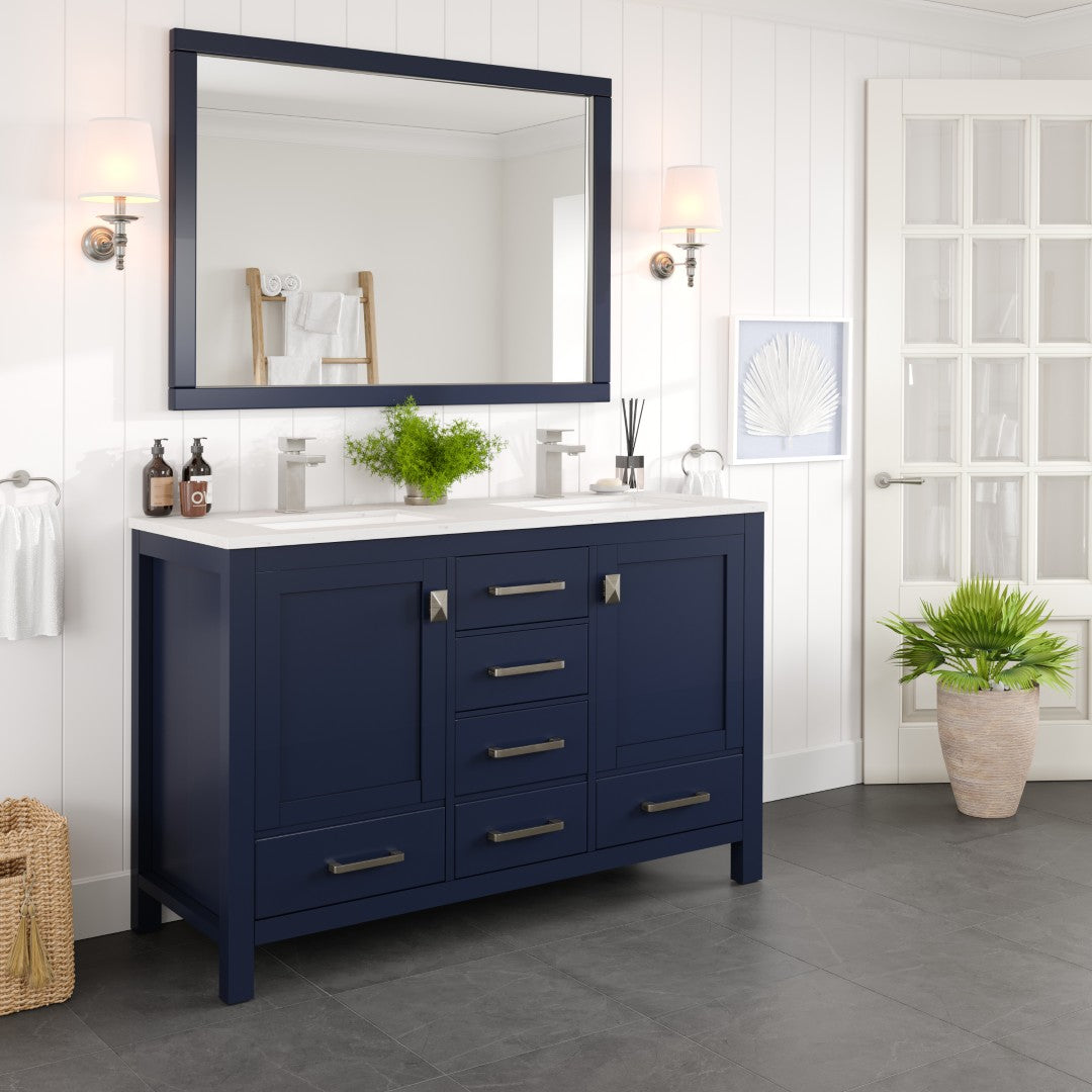 London 54 in. Blue Double Sink Bath Vanity with Carrara Quartz Top and Undermount Porcelain Sinks