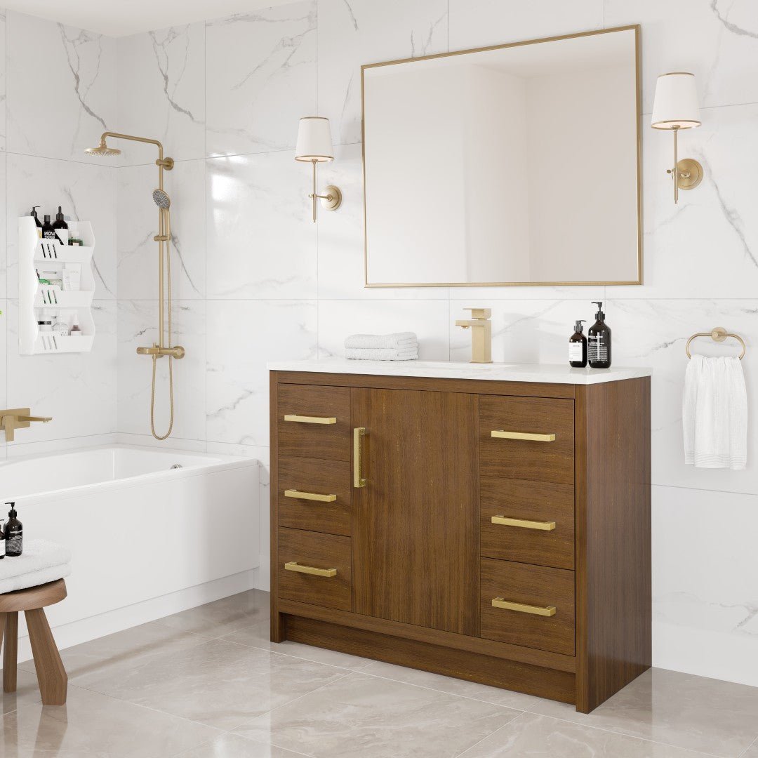 Curio 42 in. Walnut Single Sink Bath Vanity with Carrara Quartz Top and Undermount Porcelain Sink - Bathroom Vanity by Eviva