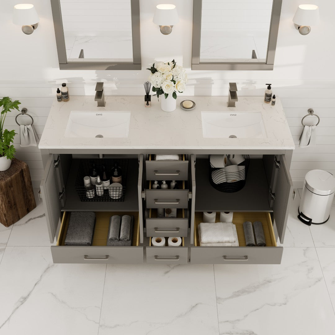 London 60 in. Gray Double Sink Bath Vanity with Carrara Quartz Top and Undermount Porcelain Sinks