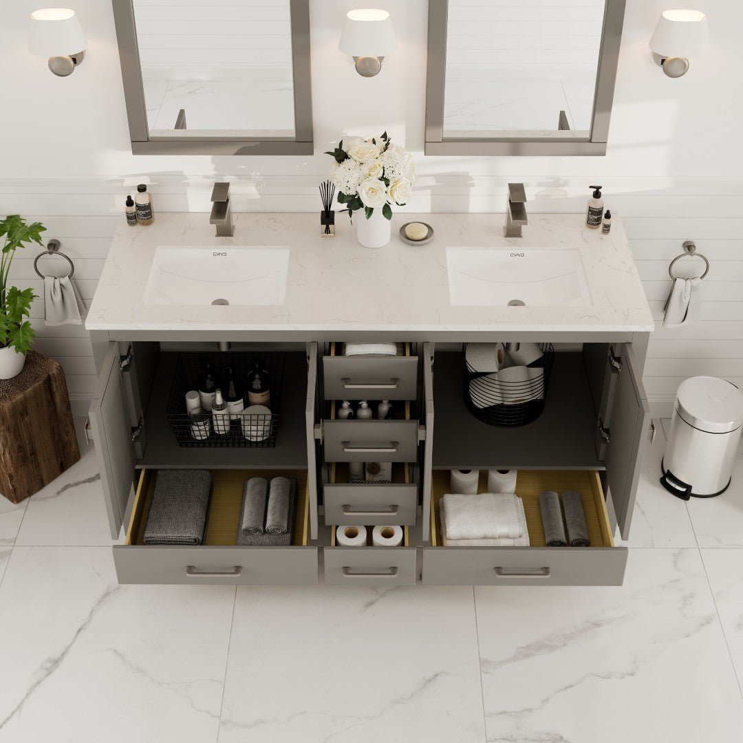 London 60 in. Gray Double Sink Bath Vanity with Carrara Quartz Top and Undermount Porcelain Sinks - Bathroom Vanity by Eviva