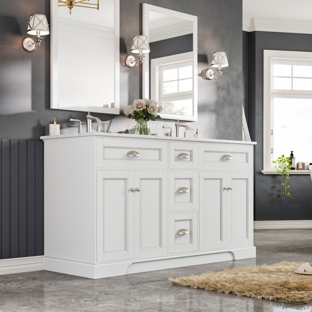 Epic 60 in. White Double Sink Bath Vanity with Carrara Quartz Top and Undermount Porcelain Sinks