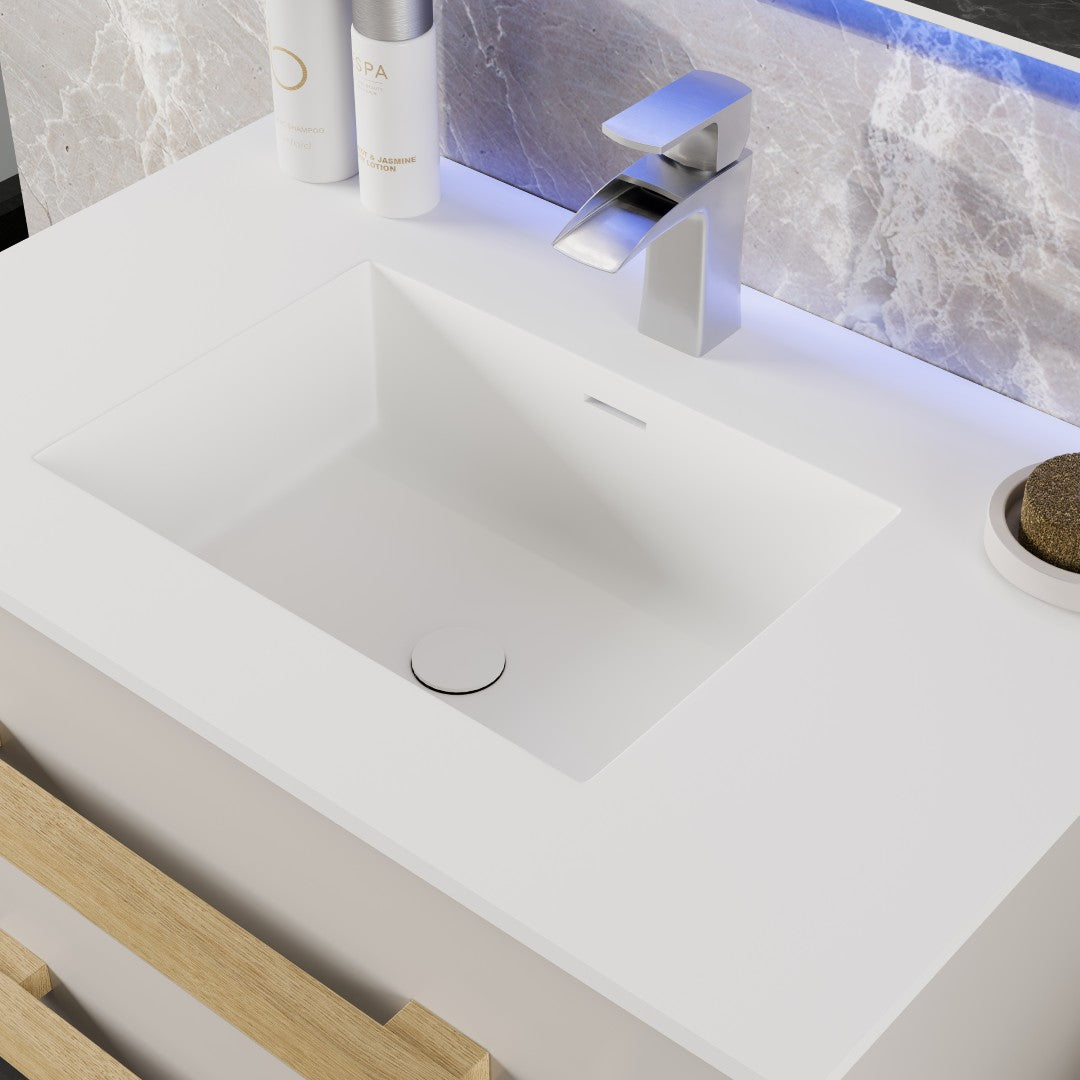 Element 32 in. White Wall Mount Single Sink Bath Vanity with Solid Surface Top and Integrated Sink