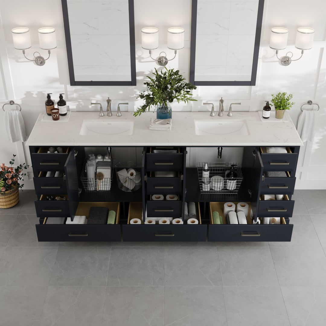 Storehouse 84 in. Dark Gray Double Sink Bath Vanity with Carrara Quartz Top and Undermount Porcelain Sinks