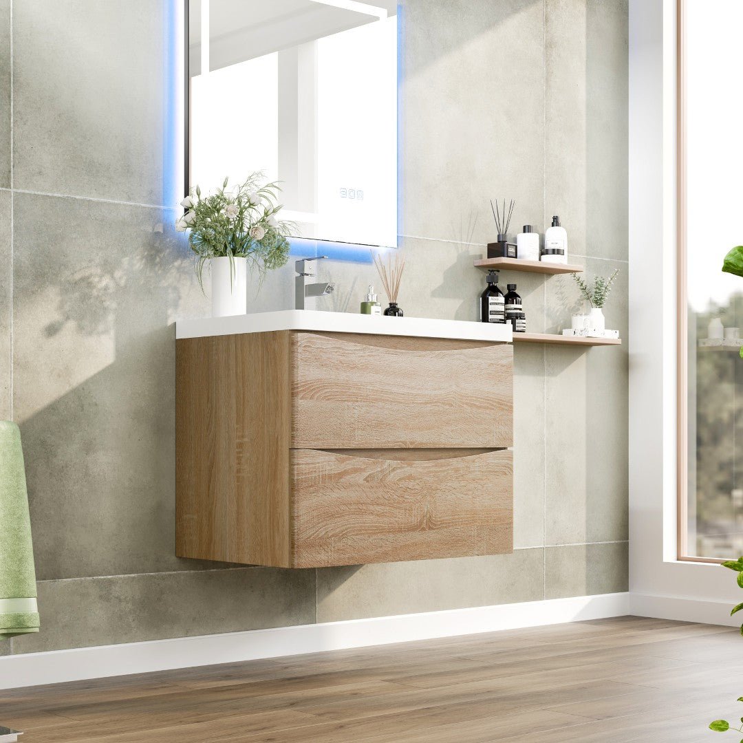 Smile 30 in. White Oak Wall Mount Single Sink Bath Vanity with Acrylic Top and Integrated Sink - Bathroom Vanity by Eviva