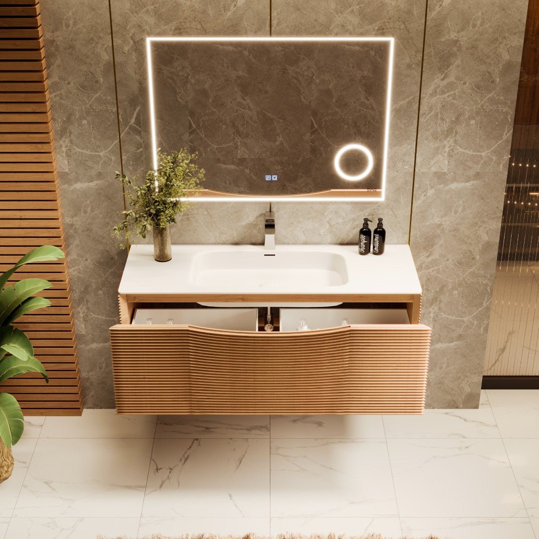 Leah 39 in. Medium Oak Wall Mount Single Sink Bath Vanity with Solid Surface Top and Integrated Sink - Bathroom Vanity by Eviva