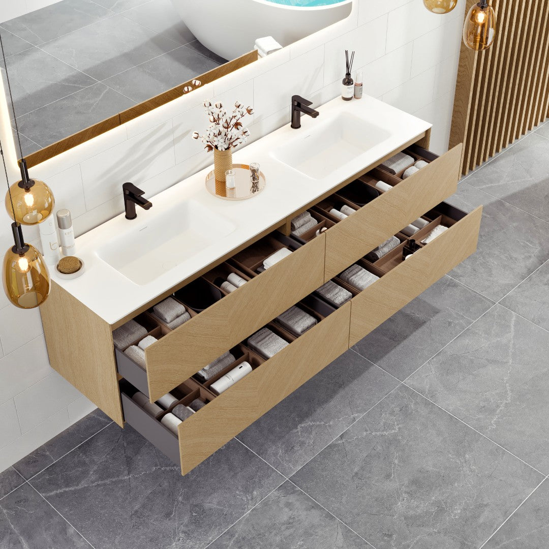 Lotus 59 in. Natural Oak Wall Mount Double Sink Bath Vanity with Solid Surface Top and Integrated Sinks