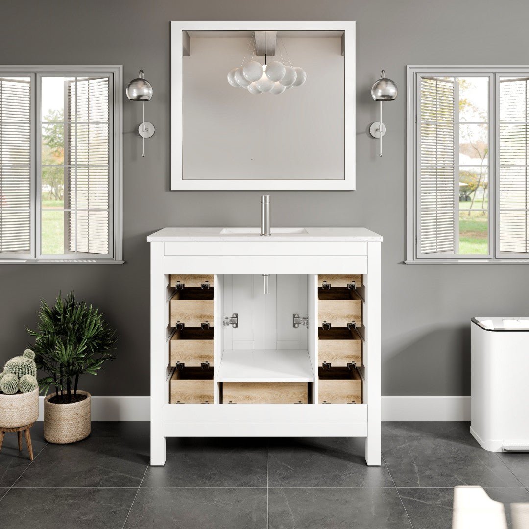 Hampton 36" x 18" White Single Sink Bath Vanity with Carrara Quartz Top and Undermount Porcelain Sink - Bathroom Vanity by Eviva