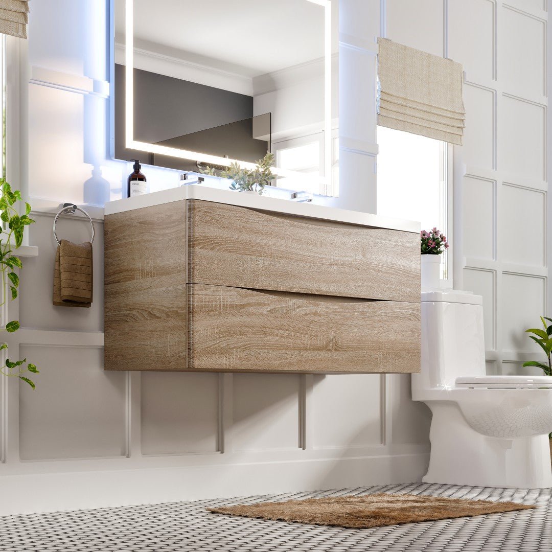 Smile 48 in. White Oak Wall Mount Double Sink Bath Vanity with Acrylic Top and Integrated Sinks - Bathroom Vanity by Eviva