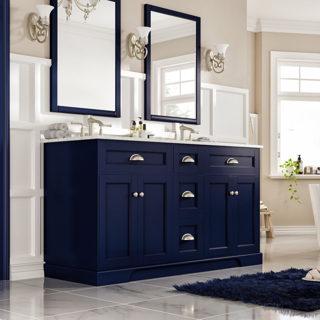 Epic 60 in. Blue Double Sink  Bath Vanity with Carrara Quartz Top and Undermount Porcelain Sinks