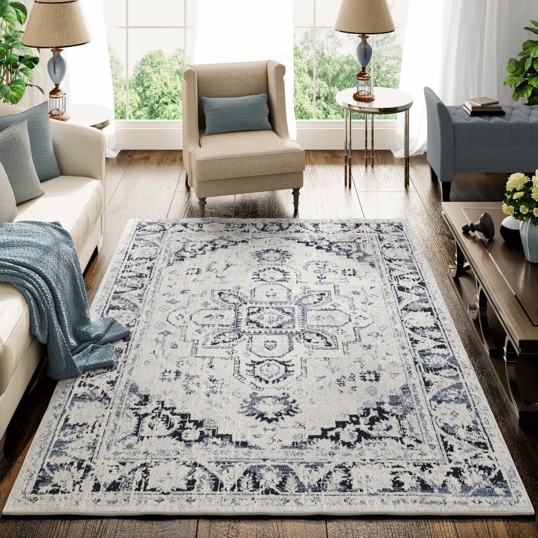 Eviva Capricorn 3' x 5' Oriental Blue/Cream Rug - Rug by Eviva