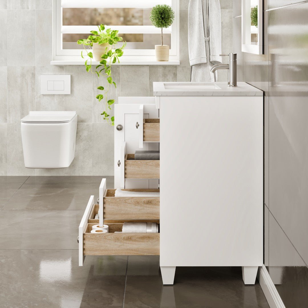 Happy 24 in. White Single Sink Bath Vanity with Carrara Quartz Top and Undermount Porcelain Sink - Bathroom Vanity by Eviva