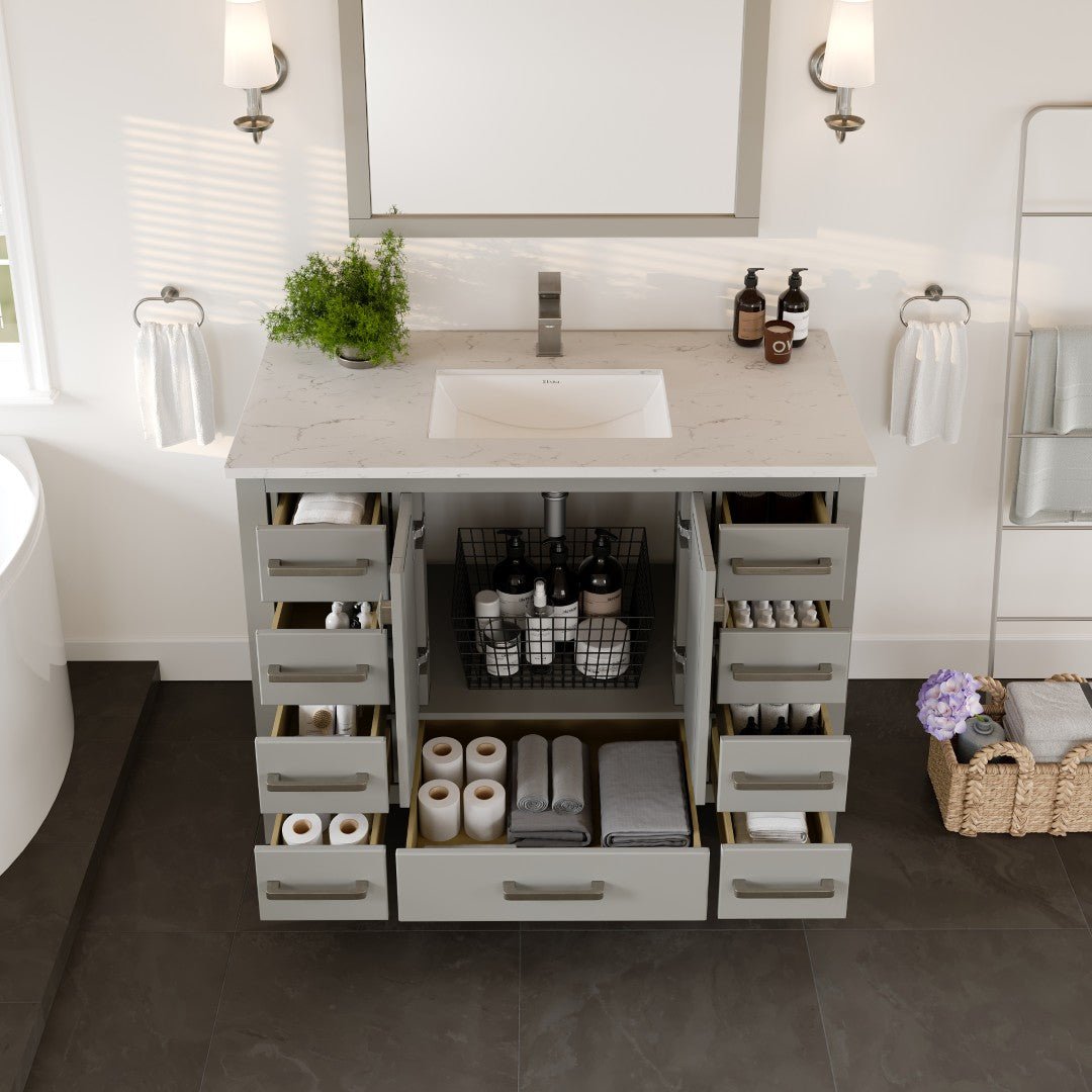 London 42 in. Gray Single Sink Bath Vanity with Carrara Quartz Top and Undermount Porcelain Sink - Bathroom Vanity by Eviva