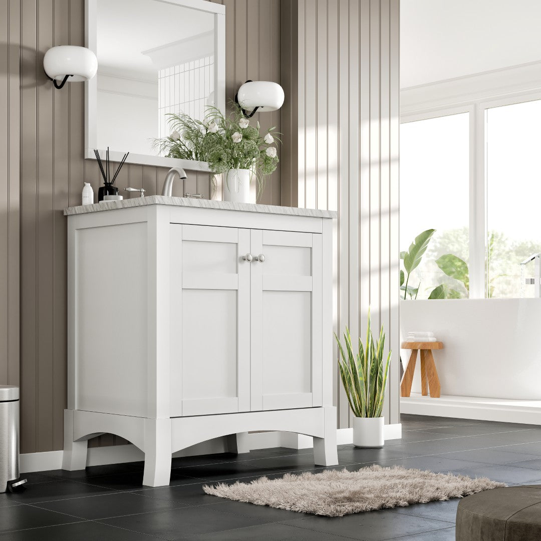 New York 30 in. White Single Sink Bath Vanity with Carrara Marble Top and Undermount Porcelain Sink