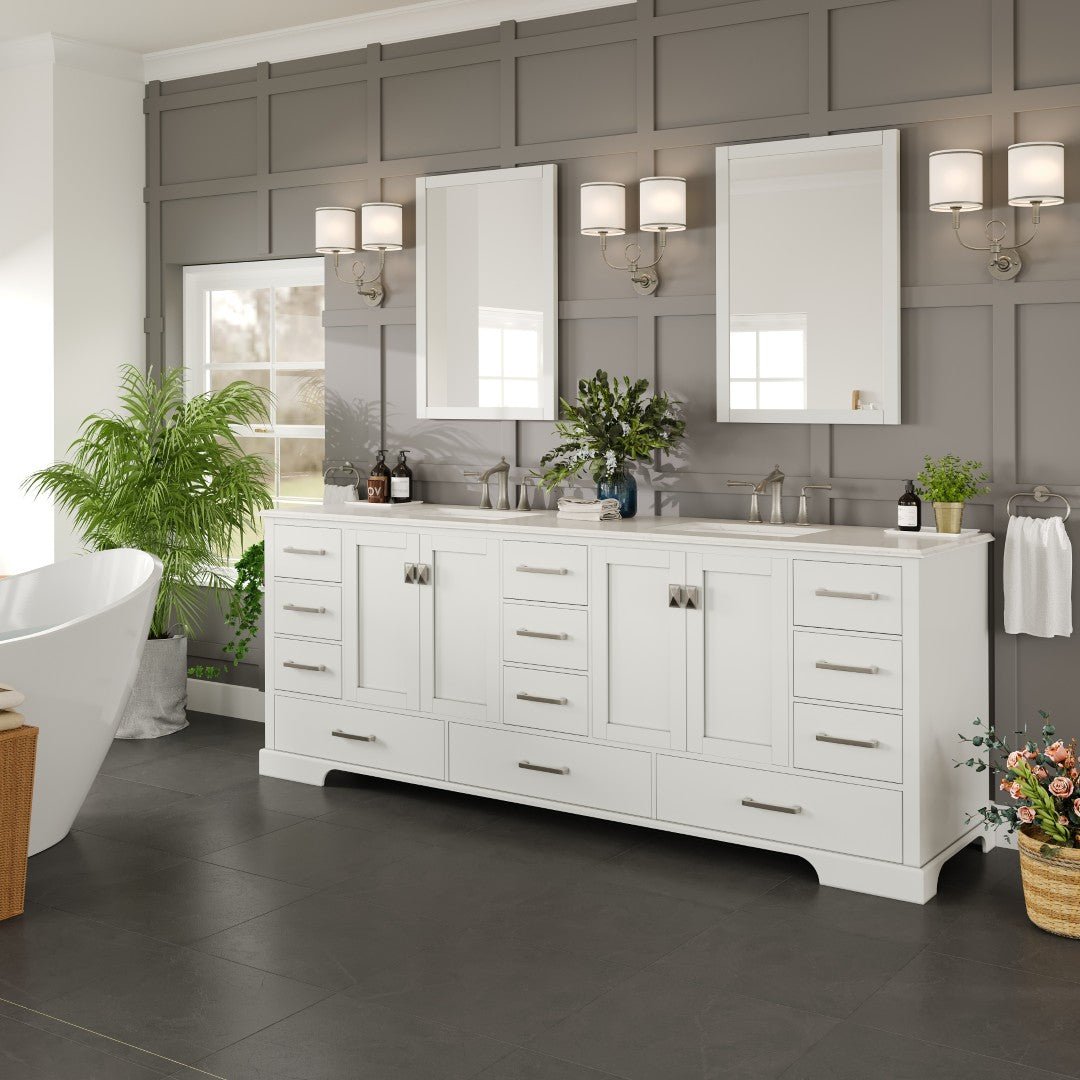 Storehouse 84 in. White Double Sink Bath Vanity with Carrara Quartz Top and Undermount Porcelain Sinks - Bathroom Vanity by Eviva