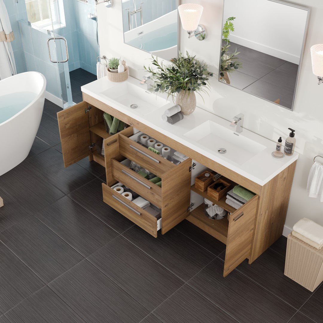 Lugano 84 in. Natural Oak Double Sink Bath Vanity with Acrylic Top and Integrated Sinks - Bathroom Vanity by Eviva