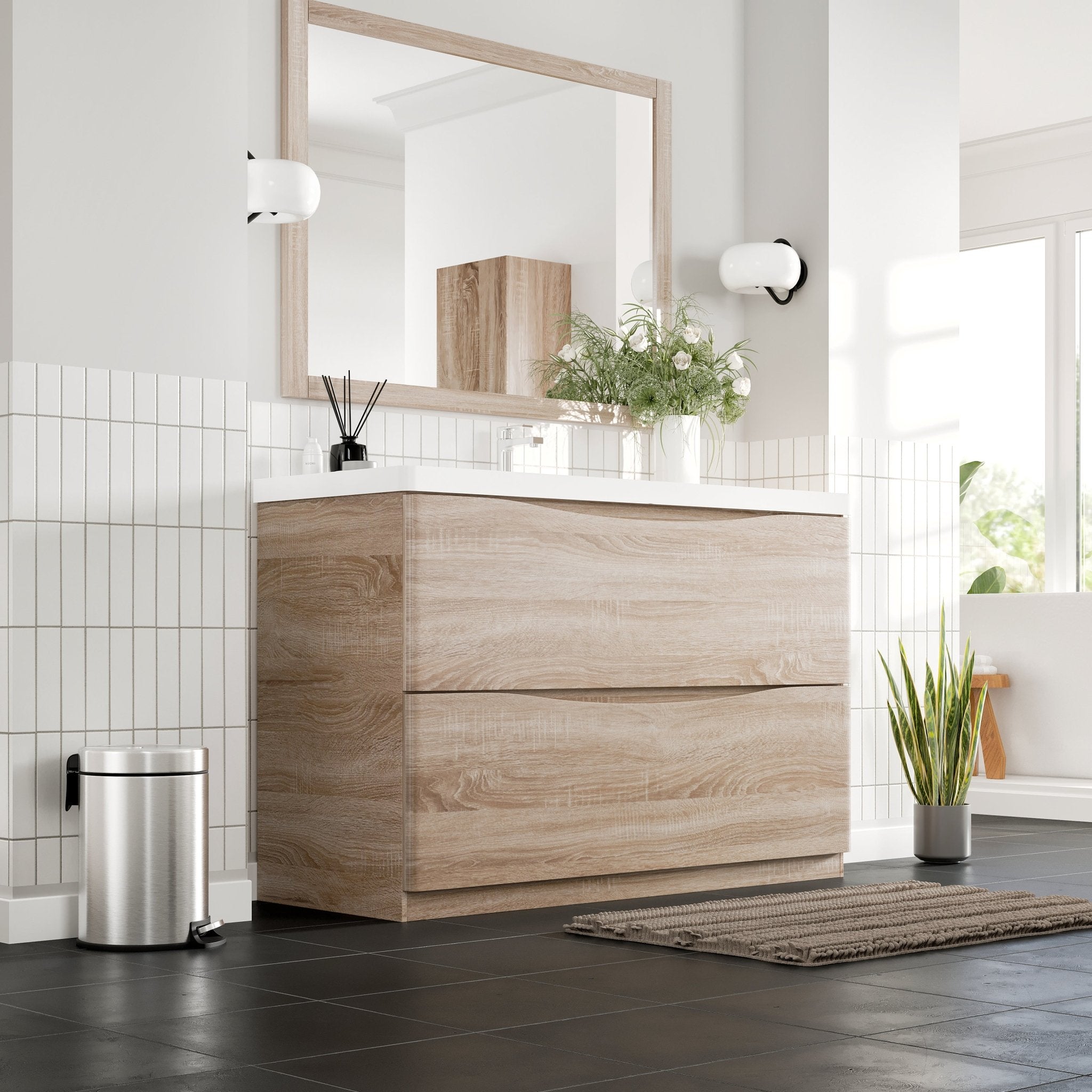 Smile 48 in. White Oak Single Sink Bath Vanity with Acrylic Top and Integrated Sink - Bathroom Vanity by Eviva