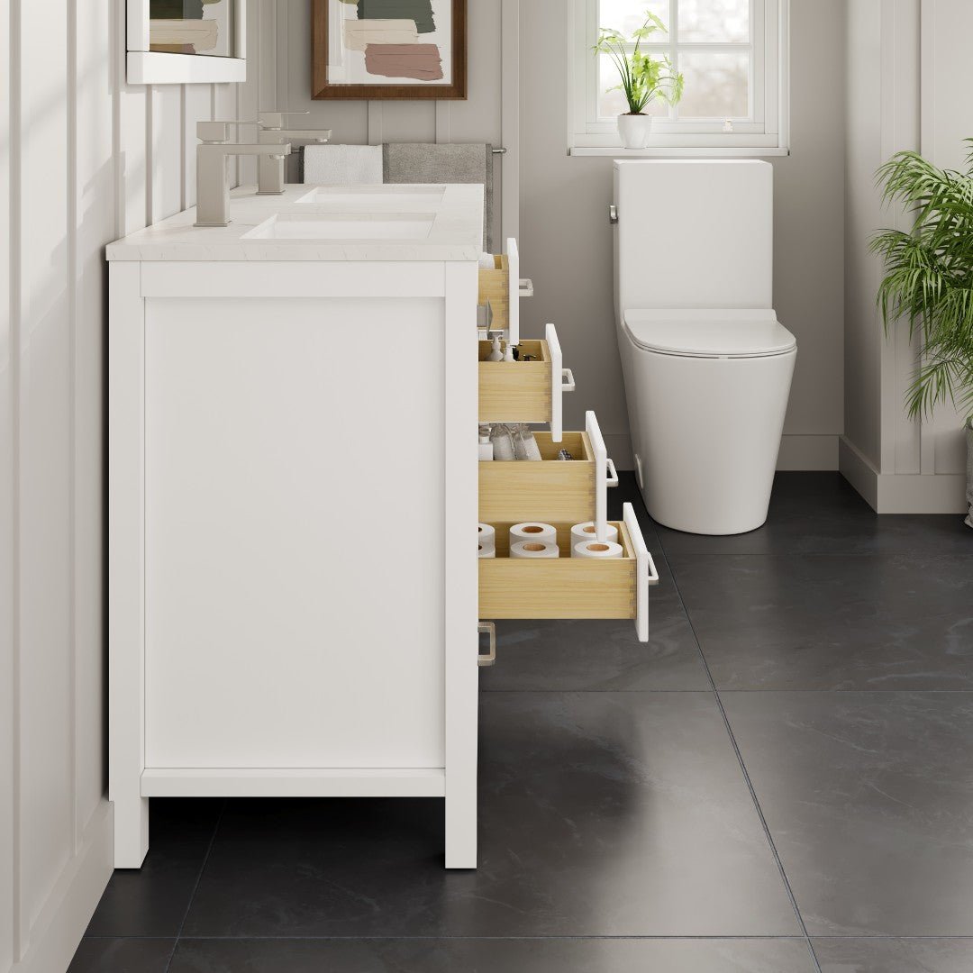 London 54 in. White Double Sink Bath Vanity with Carrara Quartz Top and Undermount Porcelain Sinks - Bathroom Vanity by Eviva